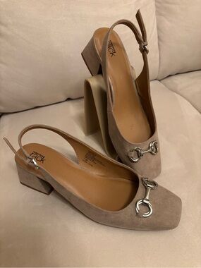 Nordstrom Rack taupe suede slingback block heel mules
